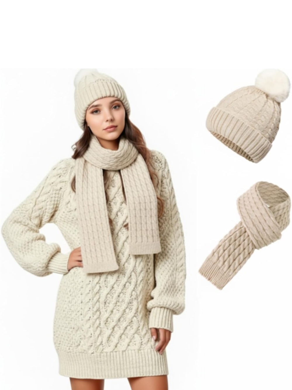 Cream Cable Knit Sweater Dress with Matching Beanie & Scarf | Sz M - NWOT